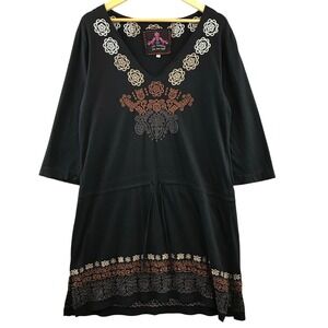 Johnny Was JW Los Angeles Boho Embroidered Tunic Dress Black Size L Womens